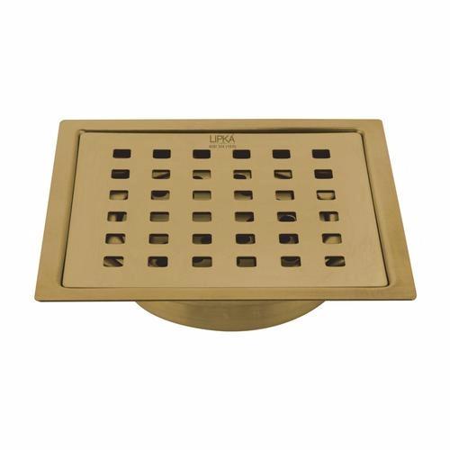 Lipka Red Exclusive Square Flat Cut Floor Drain in Yellow Gold PVD Coating (5 x 5 Inches) with Cockroach Trap