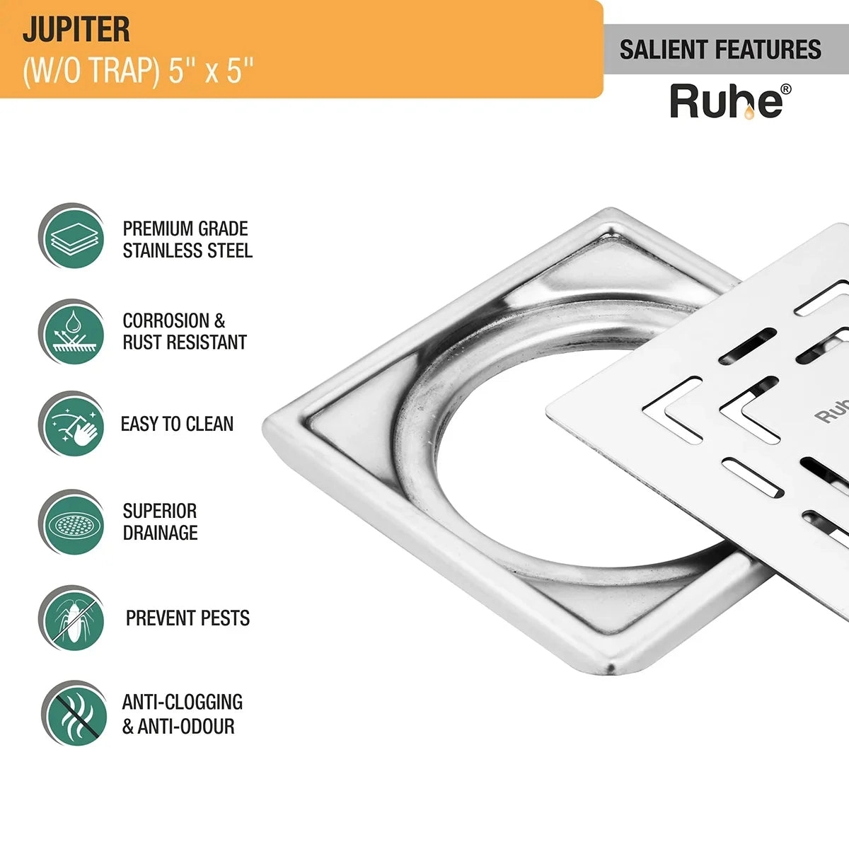 Ruhe Jupiter Square Premium Floor Drain 5 x 5 Inches by Ruhe 1 2