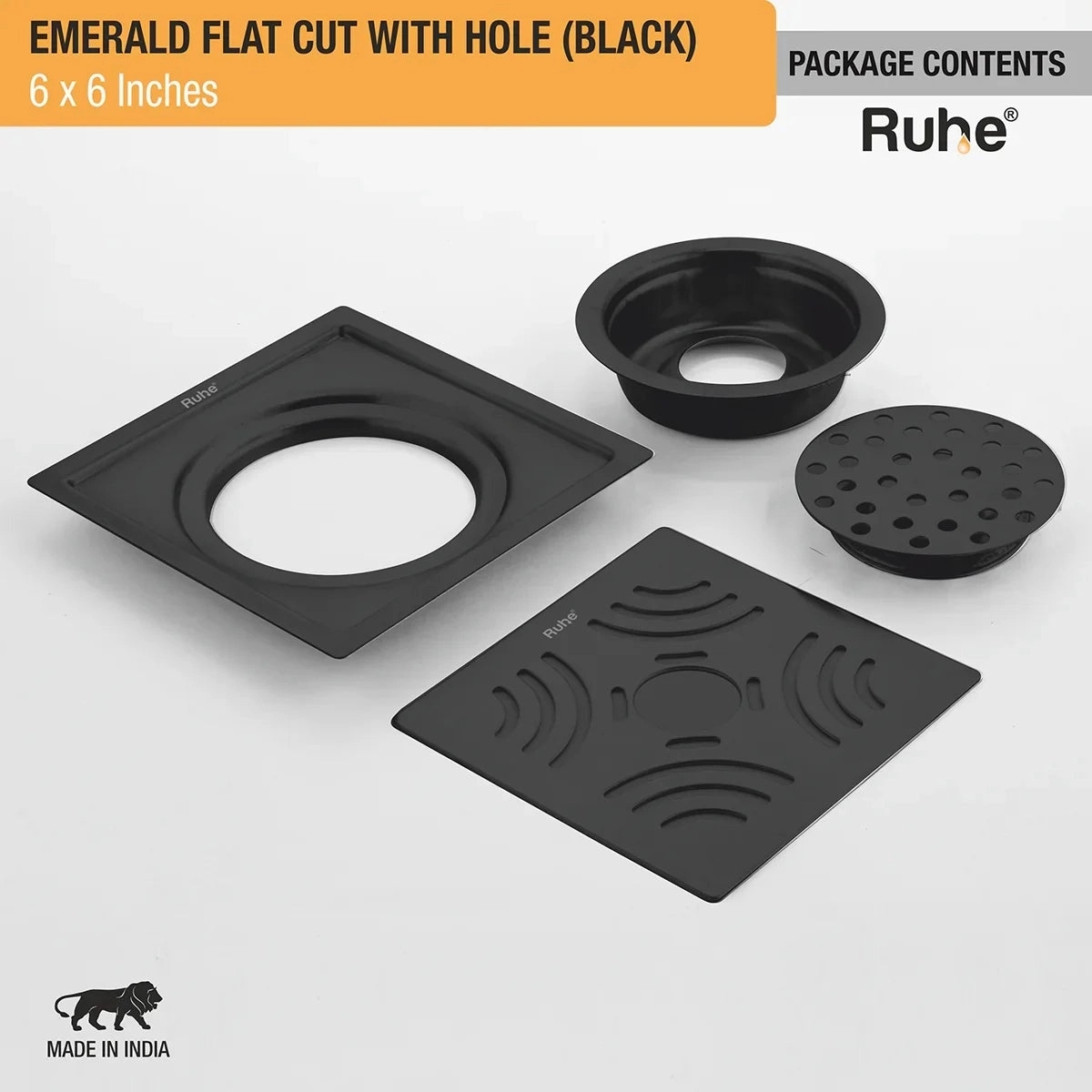 Ruhe Emerald Square Flat Cut Floor Drain in Black PVD Coating 6 x 6 Inches with Hole by Ruhe : Colours available: Black 7 7