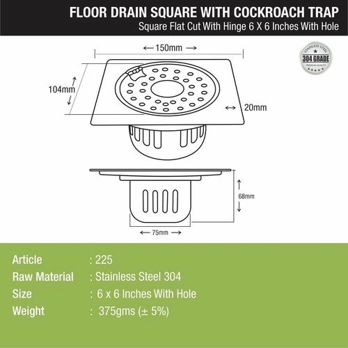 Lipka Square Flat Cut Floor Drain (6 x 6 Inches) with Hinge, Hole and Cockroach Trap 1