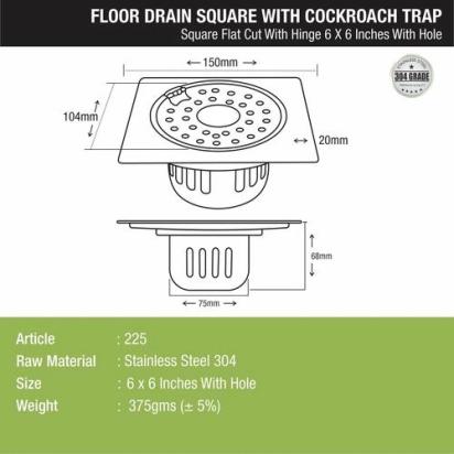 Lipka Square Flat Cut Floor Drain (6 x 6 Inches) with Hinge, Hole and Cockroach Trap 1