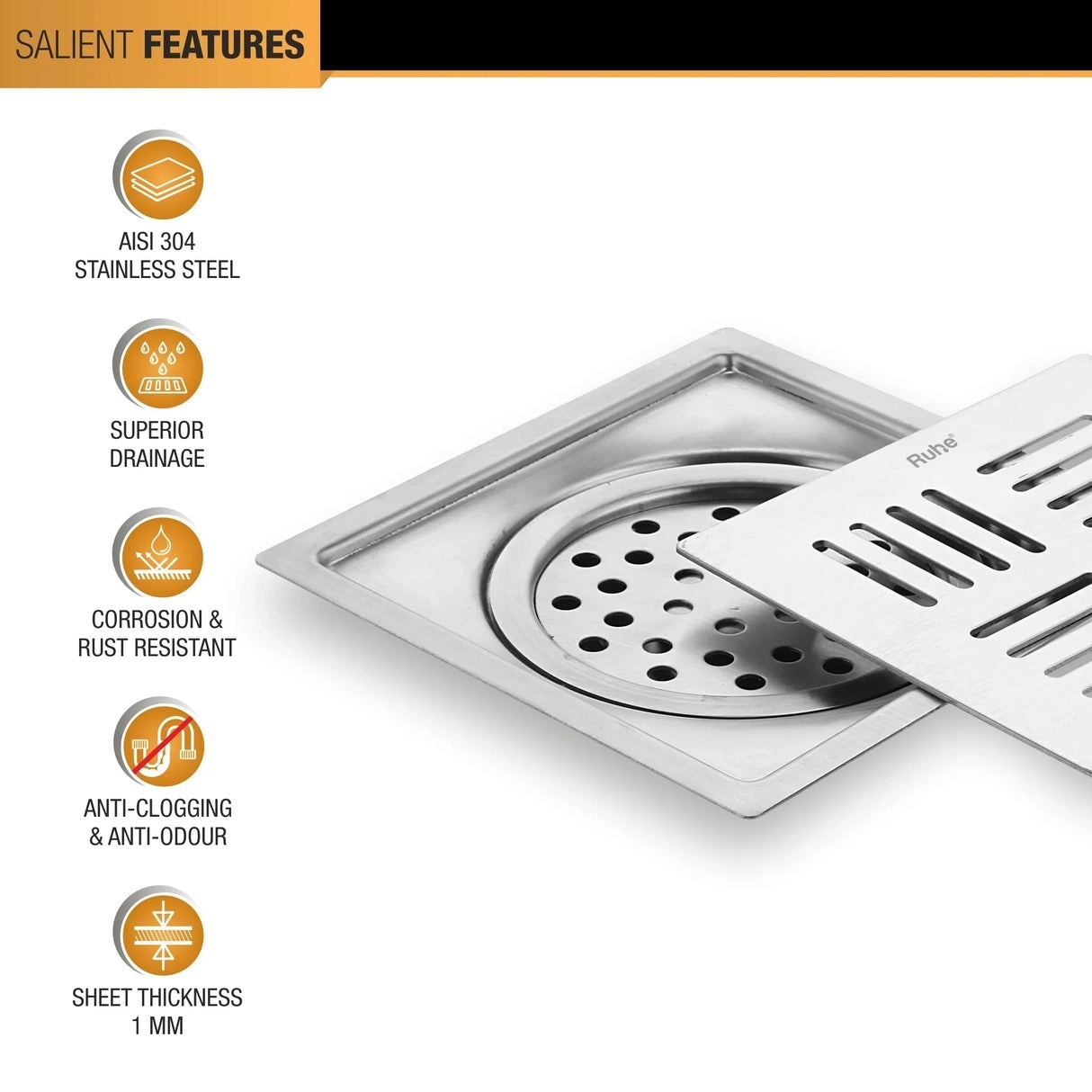 Ruhe Ruby Square Flat Cut 304-Grade Floor Drain with Cockroach Trap - 5 x 5 Inches by Ruhe : Colours available: Silver 3 3