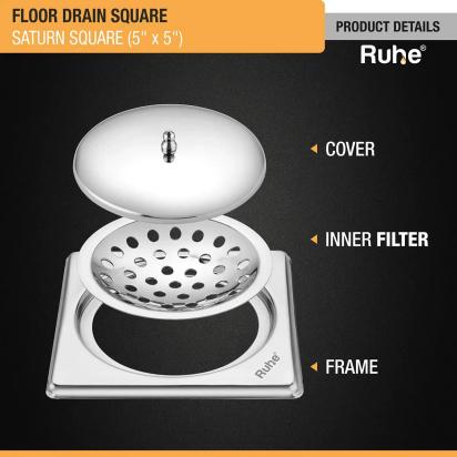 Ruhe Saturn Square Floor Drain 5 x 5 Inches with Lid by Ruhe : Colours available: Silver 2 3
