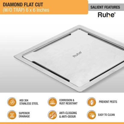Ruhe Diamond Square Flat Cut 304 - Grade Floor Drain 6 x 6 Inches by Ruhe : Colours available: Silver 1 2