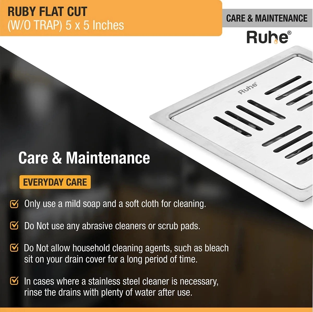 Ruby Square Flat Cut 304-Grade Floor Drain 5 x 5 Inches by Ruhe : Colours available: Silver 4 5