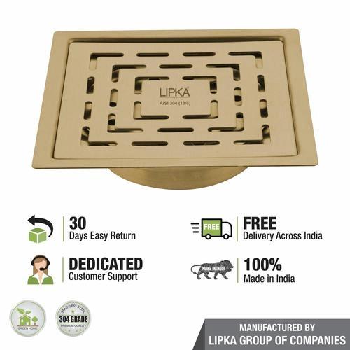Lipka Orange Exclusive Square Flat Cut Floor Drain in Yellow Gold PVD Coating (6 x 6 Inches) with Cockroach Trap 4