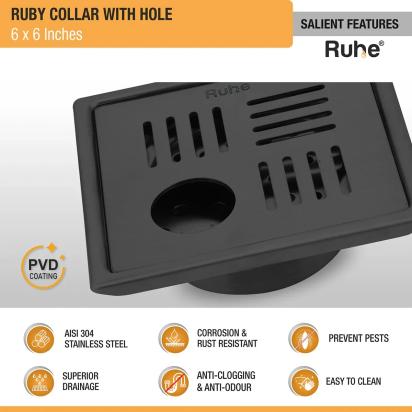Ruby Square 304-Grade Floor Drain in Black PVD Coating 6 x 6 Inches with Hole by Ruhe : Colours available: Black 6 2