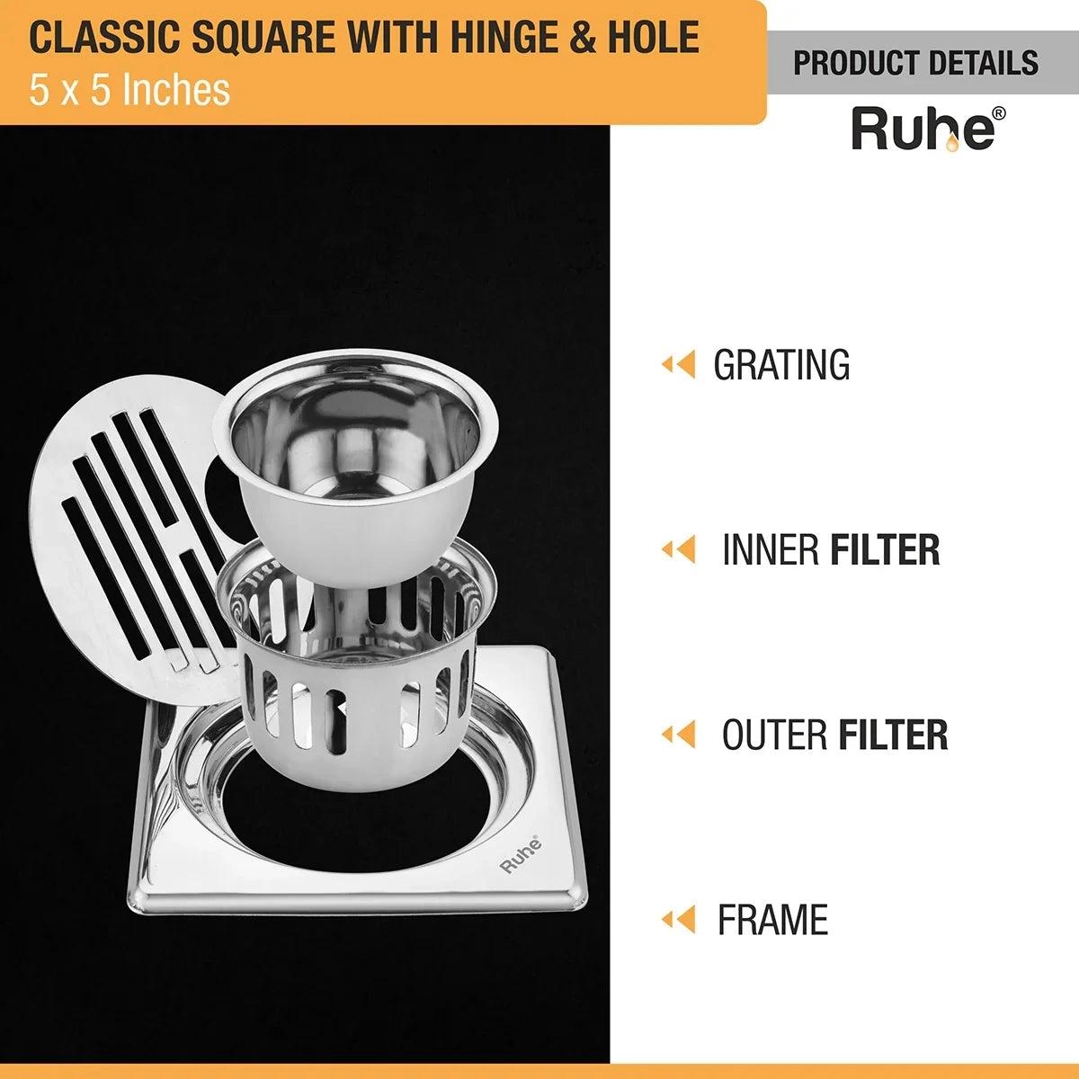 Ruhe Classic Square 304-Grade Floor Drain with Collar Hinge Hole and Cockroach Trap 5 x 5 Inches 3
