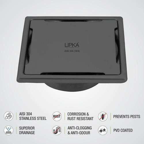 Lipka Yellow Exclusive Square Floor Drain in Black PVD Coating (5 x 5 Inches) with Cockroach Trap 2