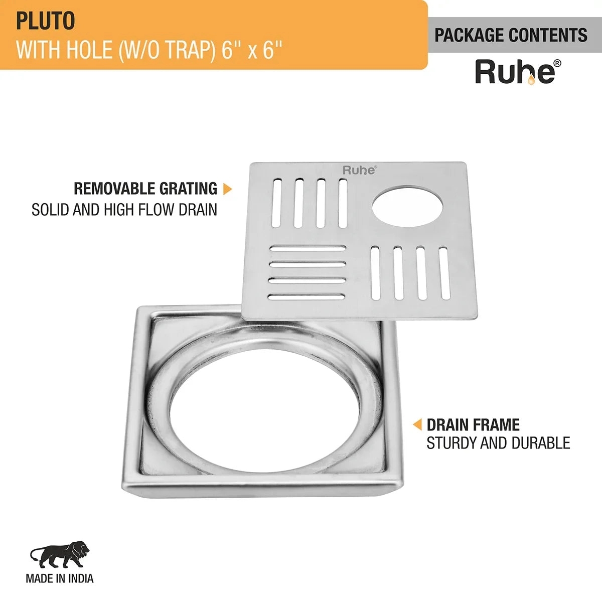 Ruhe Pluto Square Premium Floor Drain 6 x 6 Inches With Hole by Ruhe : Colours available: Silver 1 2