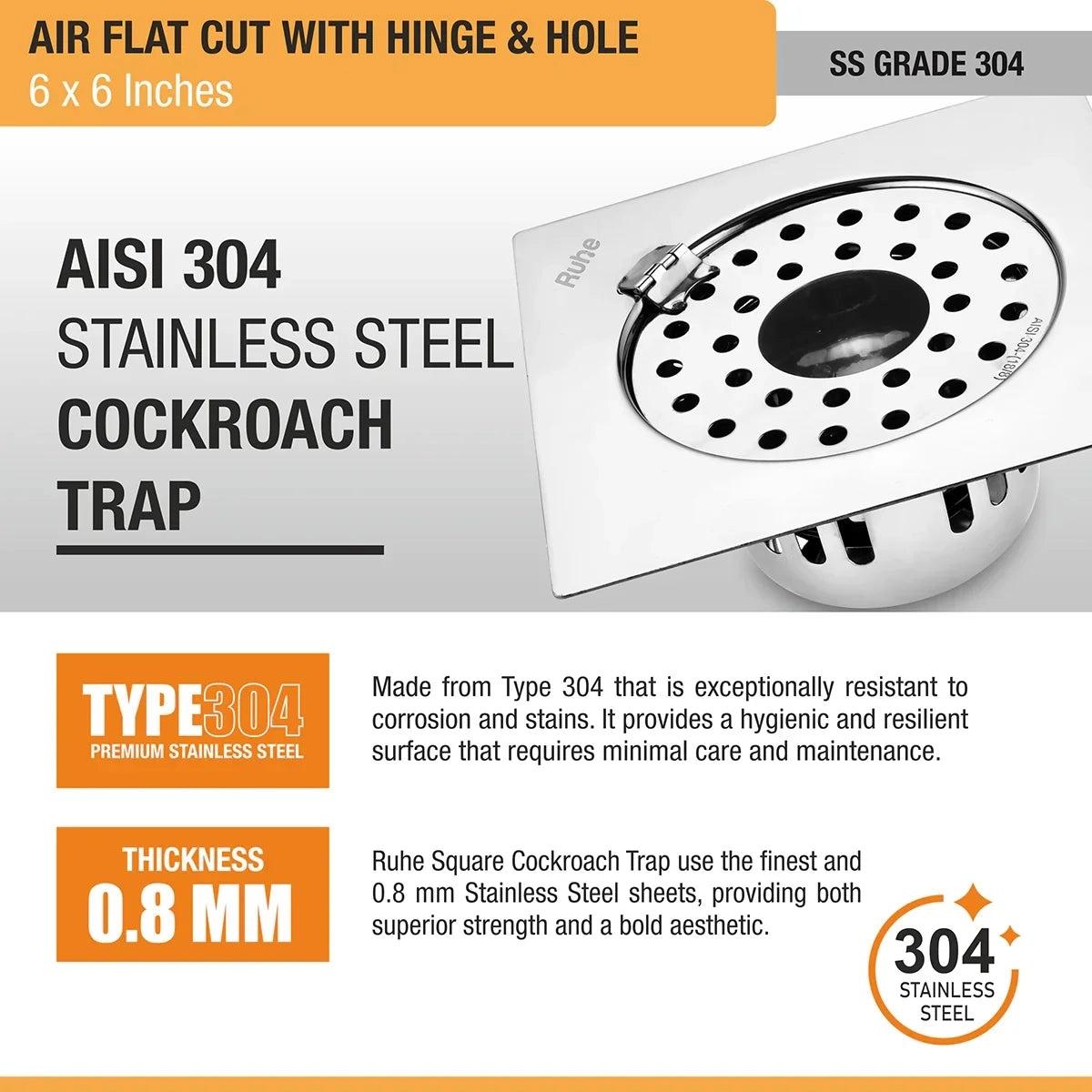 Ruhe Air Square Flat Cut 304-Grade Floor Drain with Hinge Hole and Cockroach Trap - 6 x 6 Inches 4