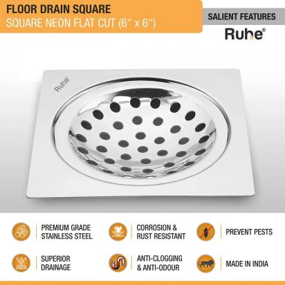 Ruhe Square Neon Floor Drain Flat Cut 6 x 6 inches by Ruhe : Colours available: Silver 2 2
