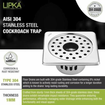 Lipka Square Floor Drain (6 x 6 Inches) with Hole and Cockroach Trap 3
