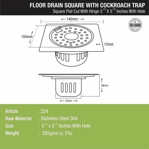 Lipka Square Flat Cut Floor Drain (5.5 x 5.5 Inches) with Hinge, Hole and Cockroach Trap 1