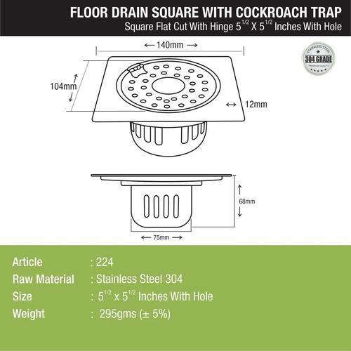 Lipka Square Flat Cut Floor Drain (5.5 x 5.5 Inches) with Hinge, Hole and Cockroach Trap 1