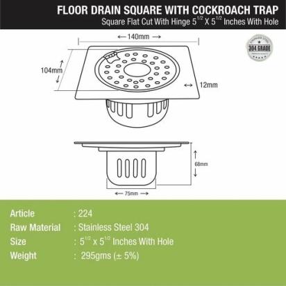 Lipka Square Flat Cut Floor Drain (5.5 x 5.5 Inches) with Hinge, Hole and Cockroach Trap 1
