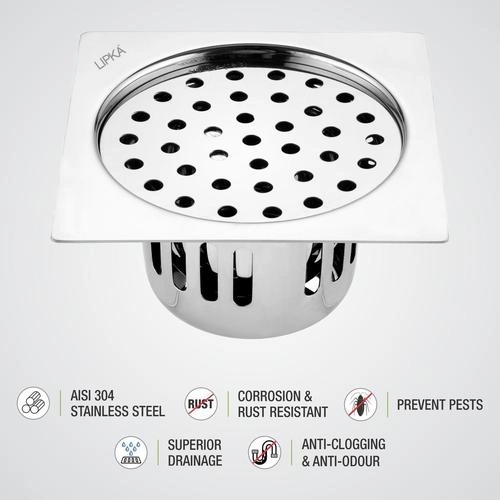 Lipka Square Flat Cut Floor Drain (5.5 x 5.5 Inches) with Cockroach Trap 2