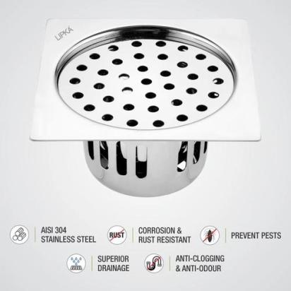 Lipka Square Flat Cut Floor Drain (5.5 x 5.5 Inches) with Cockroach Trap 2