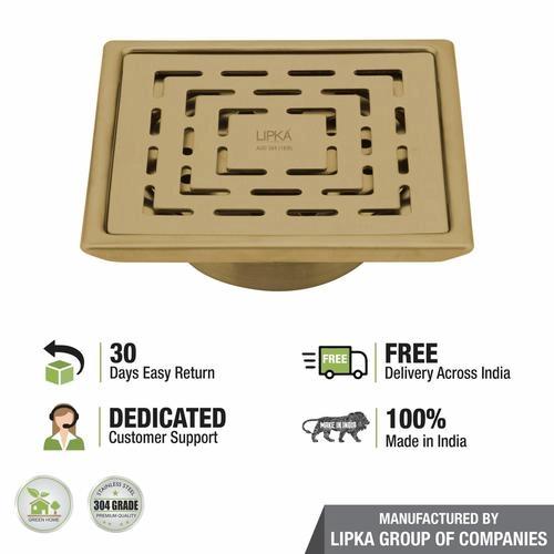 Lipka Home Orange Exclusive Square Floor Drain in Yellow Gold PVD Coating (5 x 5 Inches) with Cockroach Trap 4