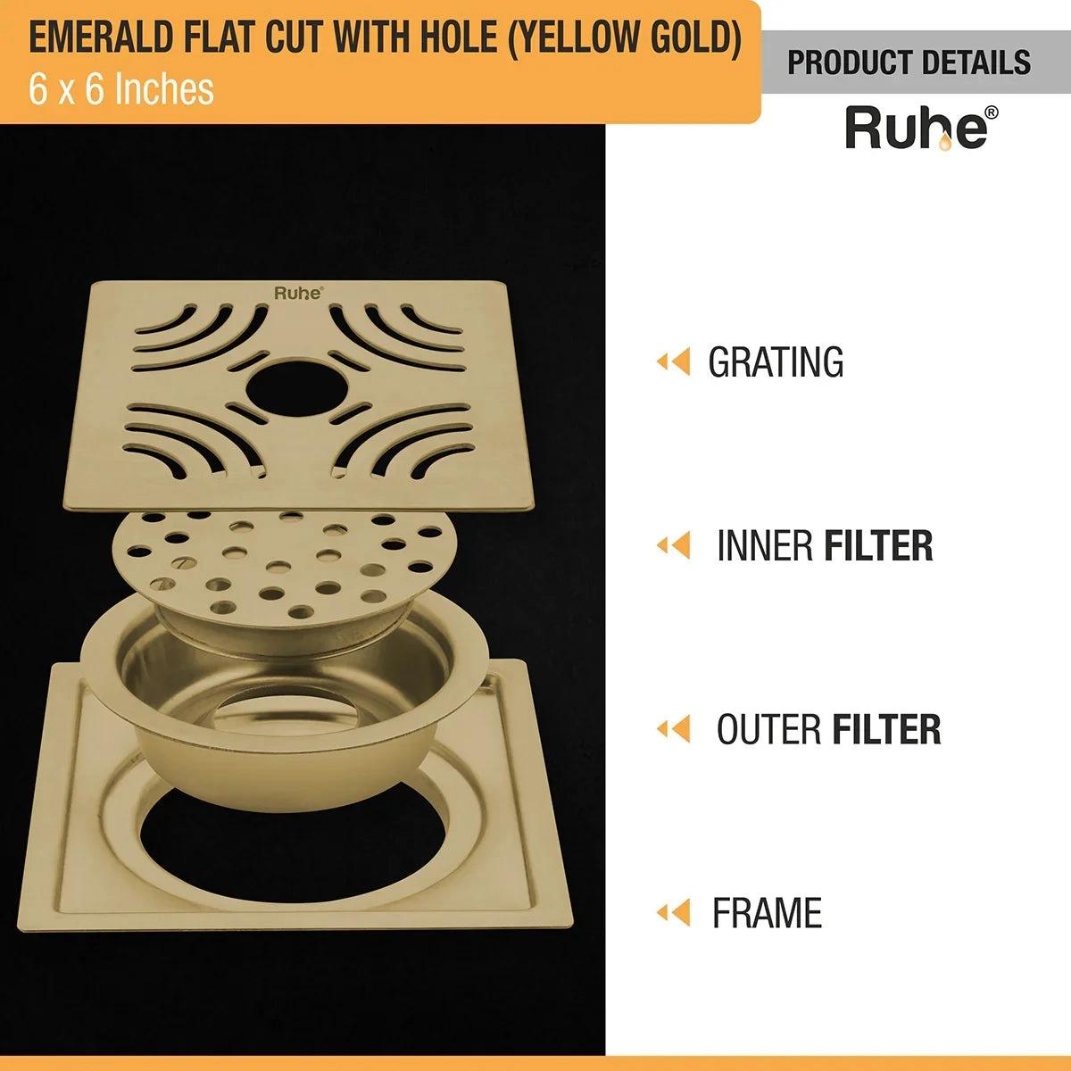 Ruhe Emerald Square Flat Cut Floor Drain In Yellow Gold PVD Coating - 6 x 6 Inches With Hole 2