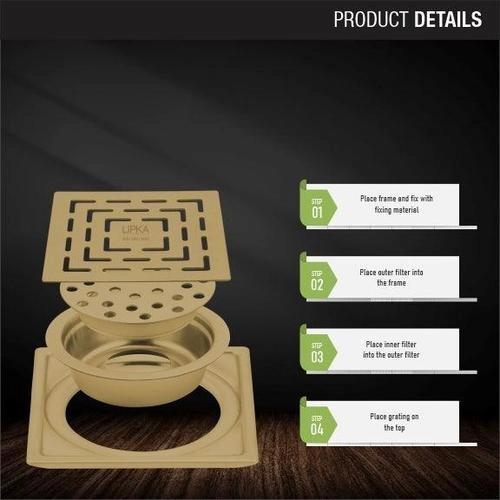 Lipka Home Orange Exclusive Square Floor Drain in Yellow Gold PVD Coating (5 x 5 Inches) with Cockroach Trap 2