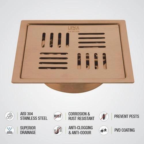 Lipka Pink Exclusive Square Flat Cut Floor Drain in Antique Copper PVD Coating (5 x 5 Inches) with Cockroach Trap 3