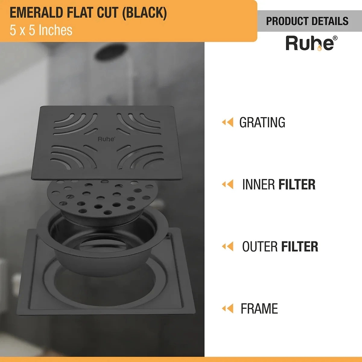 Ruhe Emerald Square Flat Cut Floor Drain in Black PVD Coating 5 x 5 Inches by Ruhe : Colours available: Black 6 2