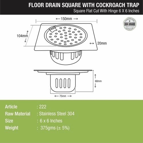 Lipka Square Flat Cut Floor Drain (6 x 6 Inches) with Hinge and Cockroach Trap 1