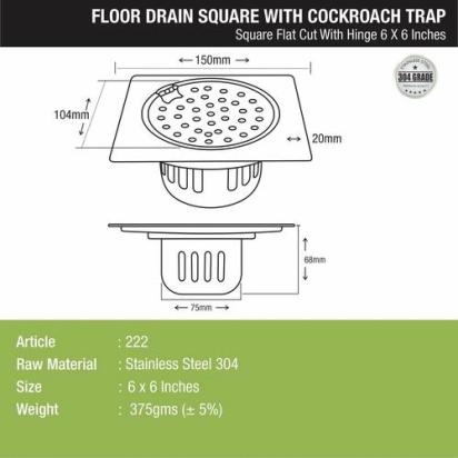 Lipka Square Flat Cut Floor Drain (6 x 6 Inches) with Hinge and Cockroach Trap 1