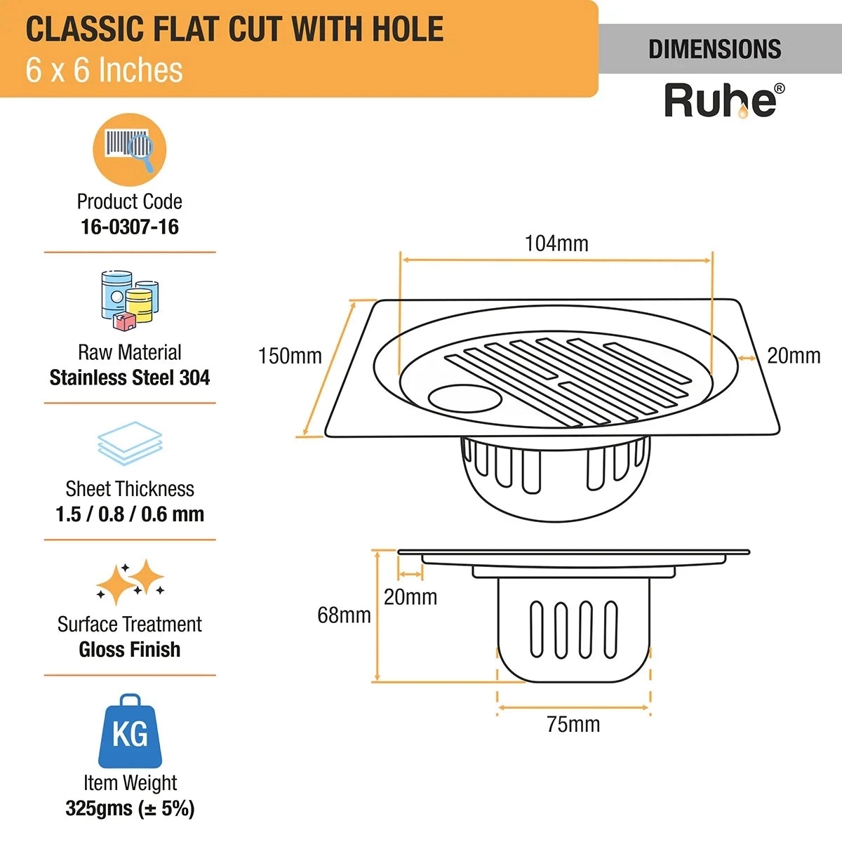 Ruhe Classic Square Flat Cut 304-Grade Floor Drain with Hole and Cockroach Trap - 6 x 6 Inches by Ruhe : Colours available: Silver 3 1