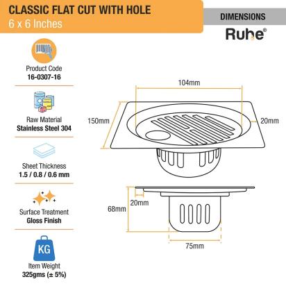 Ruhe Classic Square Flat Cut 304-Grade Floor Drain with Hole and Cockroach Trap - 6 x 6 Inches by Ruhe : Colours available: Silver 3 1