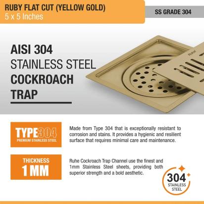 Ruhe Ruby Square Flat Cut Floor Drain in Yellow Gold PVD Coating - 5 x 5 Inches by Ruhe : Colours available: Gold 4 4