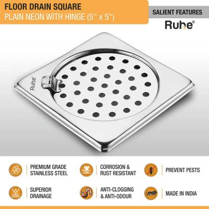 Ruhe Plain Neon Square Floor Drain 5 x 5 inches With Hinged Grating Top by Ruhe : Colours available: Silver 2 2