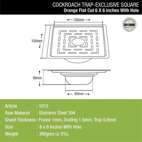 Lipka Orange Exclusive Square Flat Cut Floor Drain (6 x 6 Inches) with Hole and Cockroach Trap 1