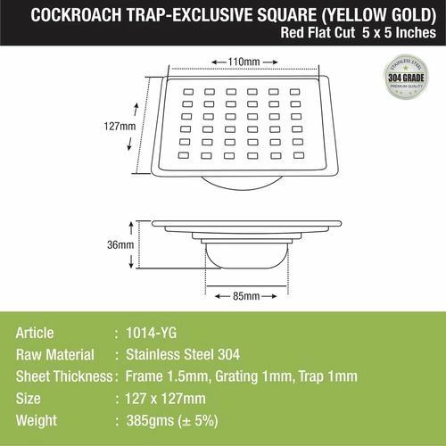 Lipka Red Exclusive Square Flat Cut Floor Drain in Yellow Gold PVD Coating (5 x 5 Inches) with Cockroach Trap 1
