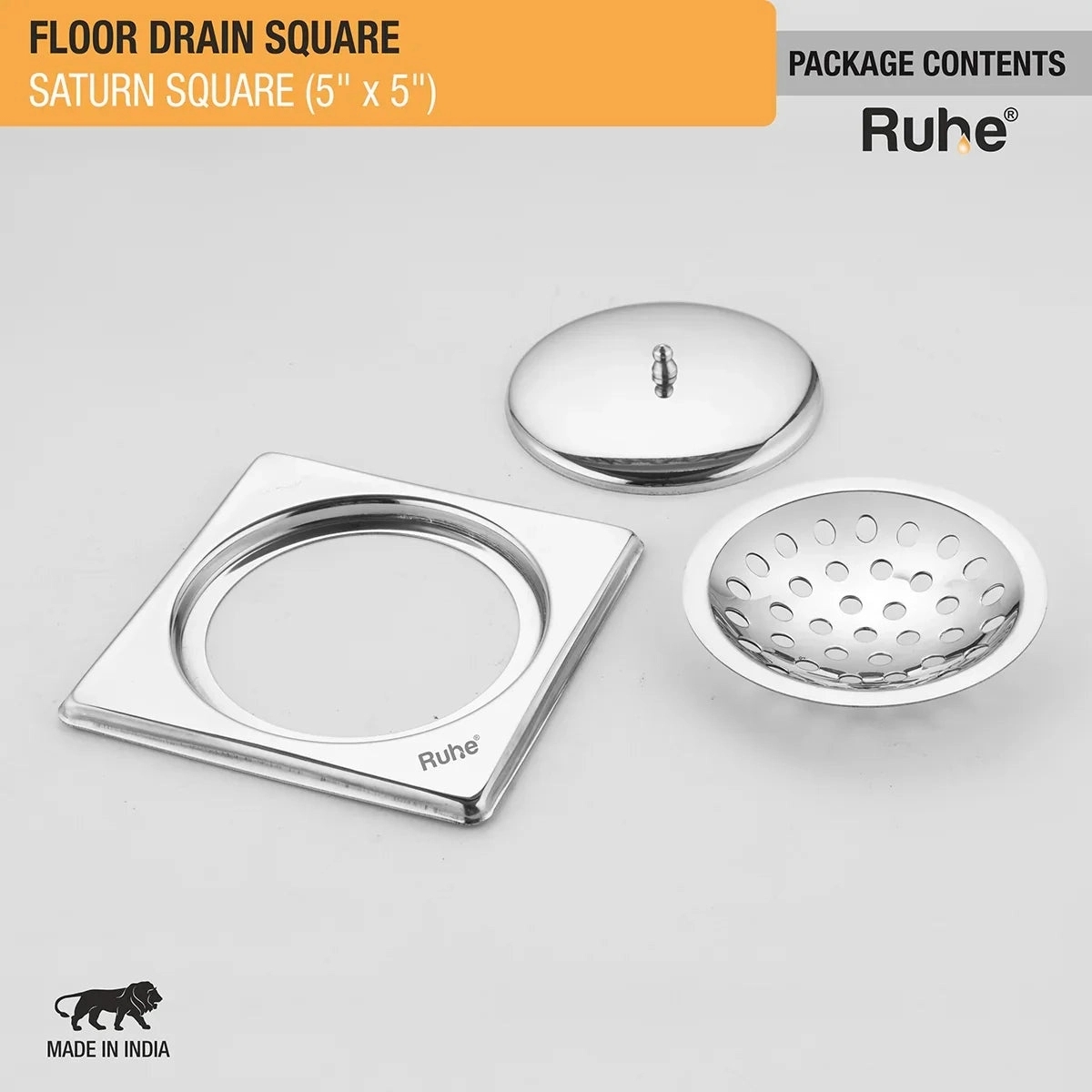 Ruhe Saturn Square Floor Drain 5 x 5 Inches with Lid by Ruhe : Colours available: Silver 4 4