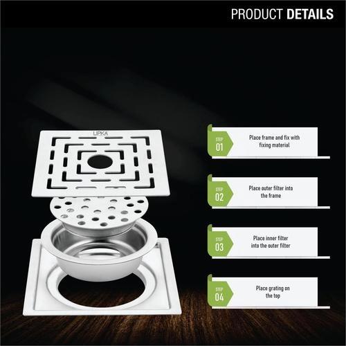 Lipka Orange Exclusive Square Flat Cut Floor Drain (5 Inches) with Cockroach Trap And Hole 2