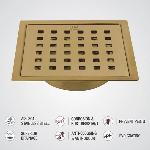 Lipka Red Exclusive Square Flat Cut Floor Drain in Yellow Gold PVD Coating (5 x 5 Inches) with Cockroach Trap 3