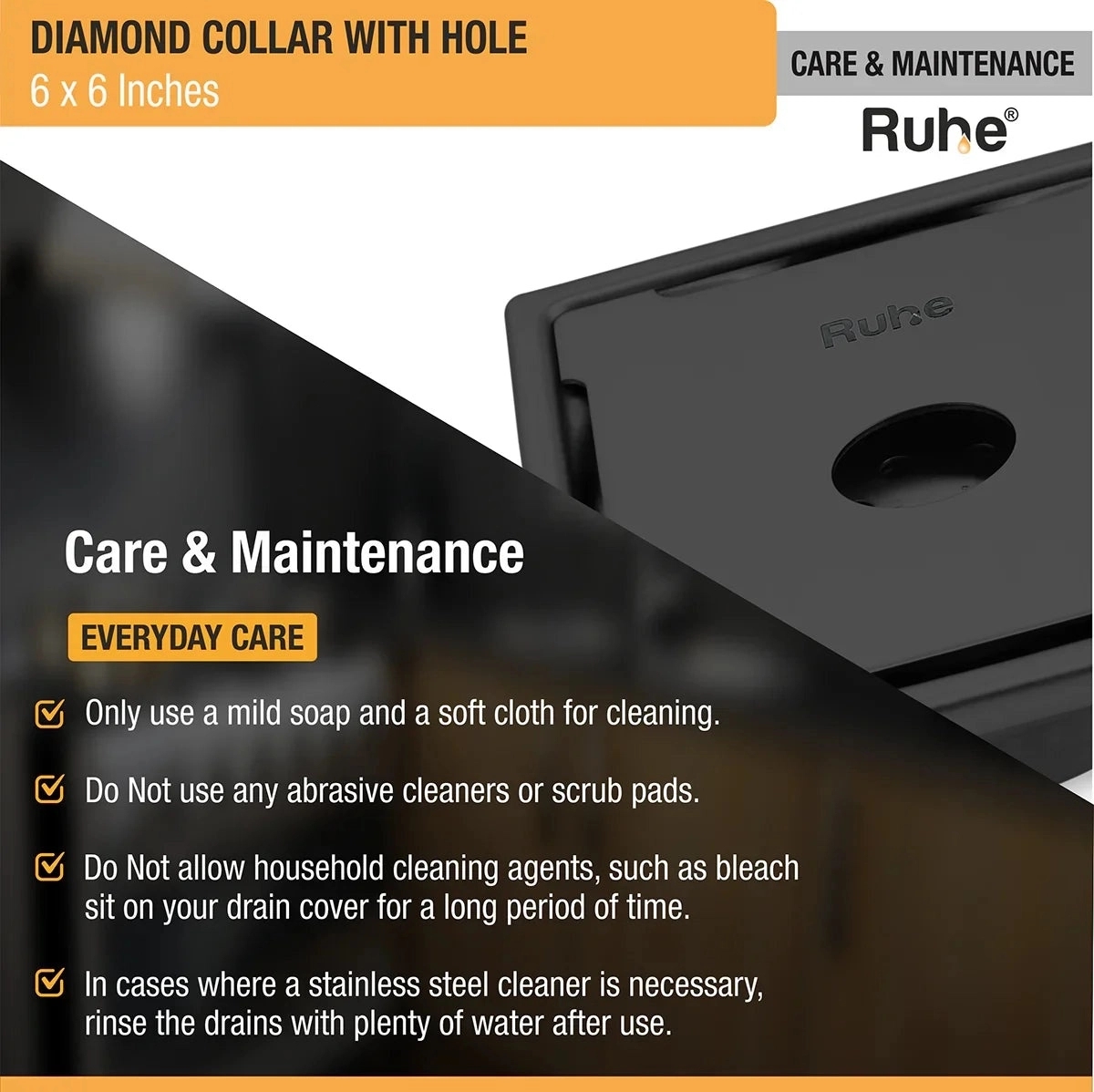 Ruhe Diamond Square 304-Grade Floor Drain in Black PVD Coating with Hole by Ruhe : Colours available: Black 5 5