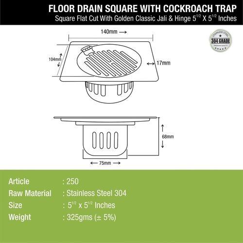 Lipka Golden Classic Jali Square Flat Cut Floor Drain (5.5 x 5.5 Inches) with Hinge and Cockroach Trap 1