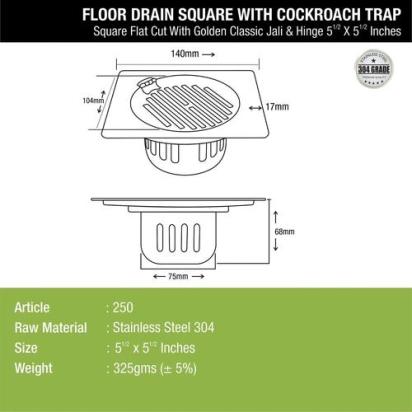 Lipka Golden Classic Jali Square Flat Cut Floor Drain (5.5 x 5.5 Inches) with Hinge and Cockroach Trap 1