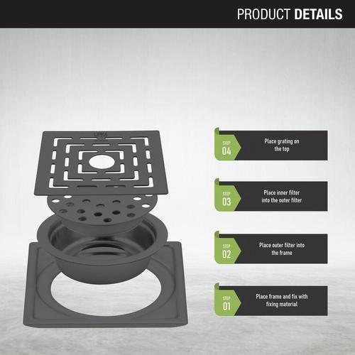 Lipka Orange Exclusive Square Floor Drain in Black PVD Coating (5 x 5 Inches) with Hole & Cockroach Trap 2