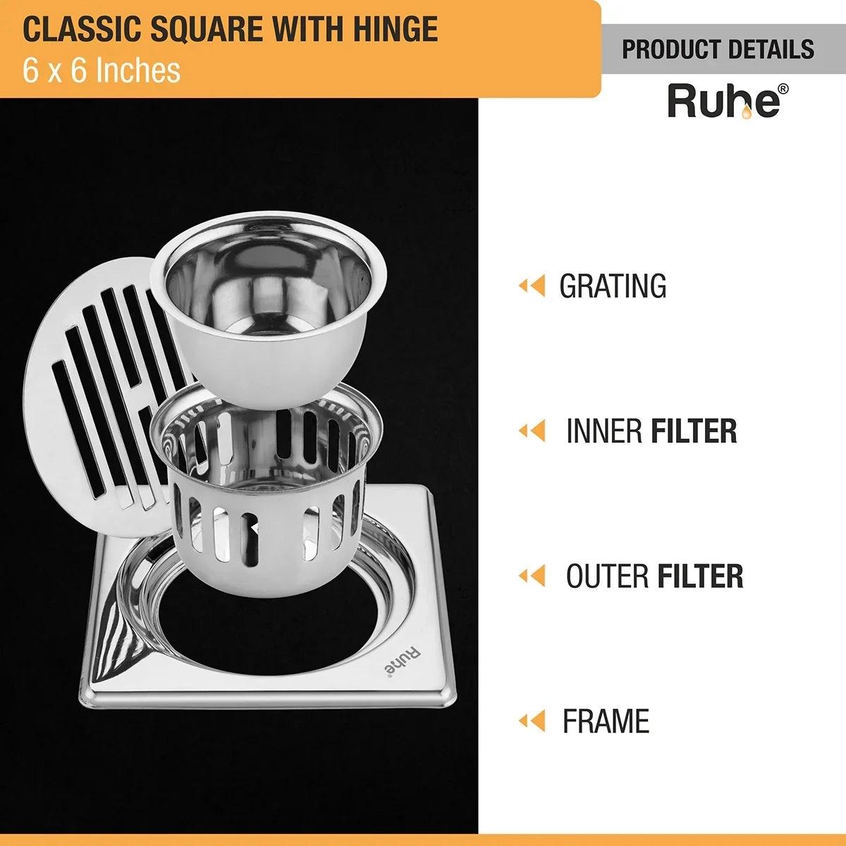 Ruhe Classic Square 304 - Grade Floor Drain with Collar Hinge And Cockroach Trap - 6 x 6 Inches 3
