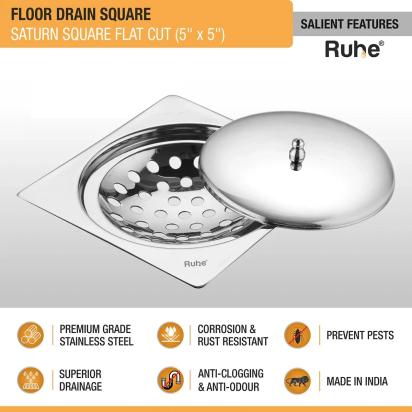 Ruhe Saturn Square Flat Cut Floor Drain 5 x 5 Inches With Lid by Ruhe : Colours available: Silver 2 2