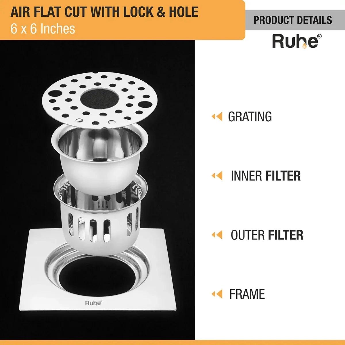 Ruhe Air Square Flat Cut 304-Grade Floor Drain with Lock Hole and Cockroach Trap 6 x 6 Inches 3