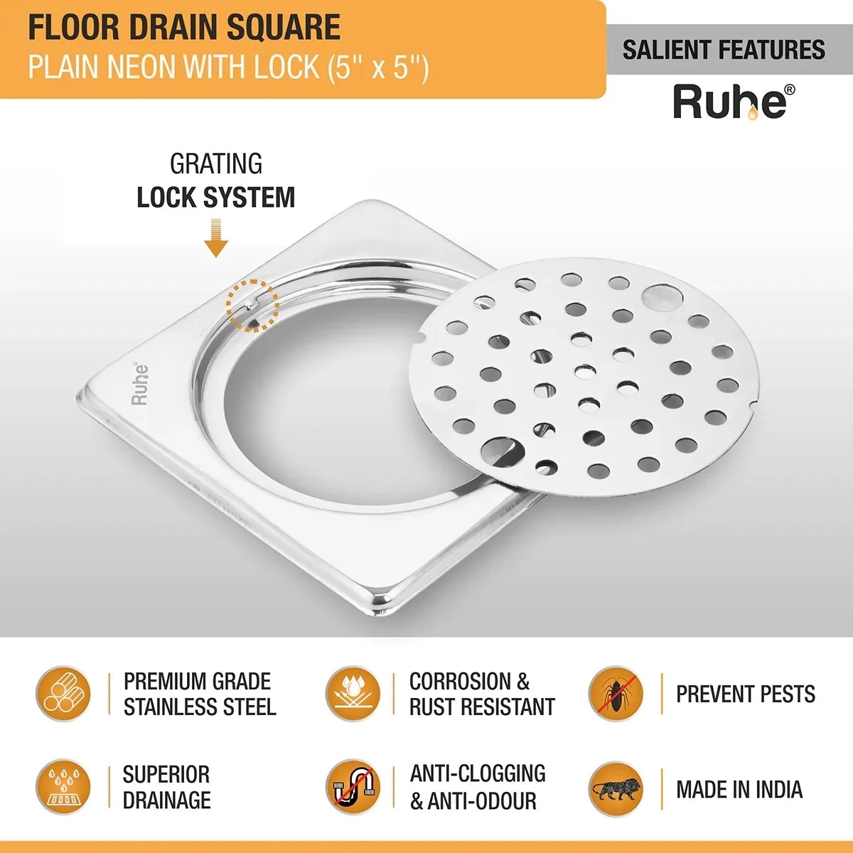 Ruhe Plain Neon With Collar Square Floor Drain 5 x 5 Inches With Lock by Ruhe : Colours available: Silver 1 2