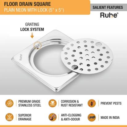 Ruhe Plain Neon With Collar Square Floor Drain 5 x 5 Inches With Lock by Ruhe : Colours available: Silver 1 2