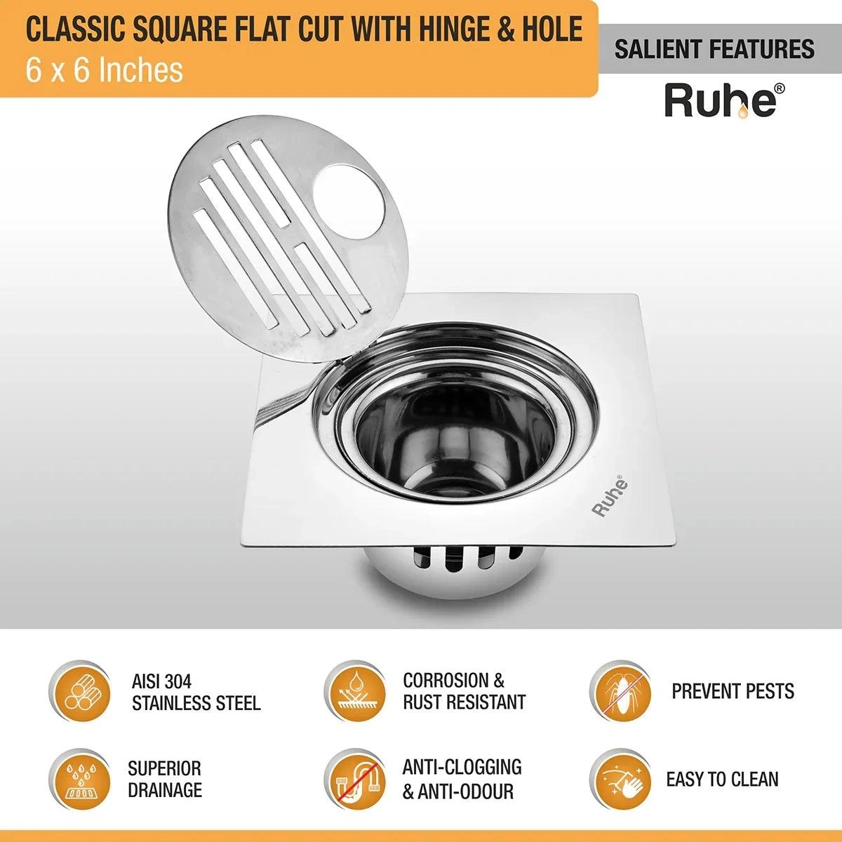 Ruhe Classic Square Flat Cut 304-Grade Floor Drain with Hinge Hole & Cockroach Trap - 6 x 6 Inches 2