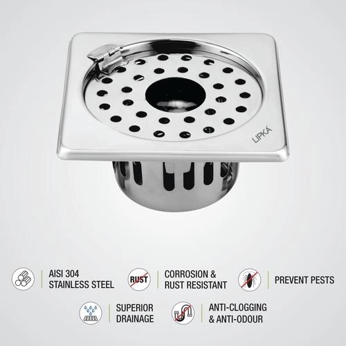 Lipka Square Floor Drain (5 x 5 Inches) with Hinge, Hole and Cockroach Trap 2