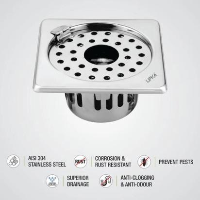 Lipka Square Floor Drain (5 x 5 Inches) with Hinge, Hole and Cockroach Trap 2